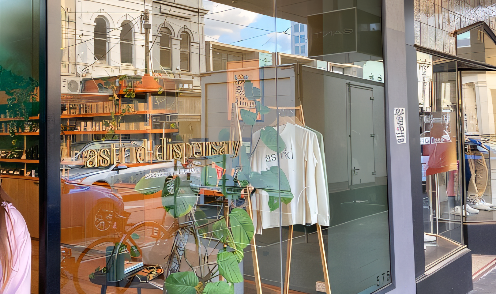 Storefront with large glass windows displaying a white hoodie on a wooden rack. Reflective glass shows the street view.