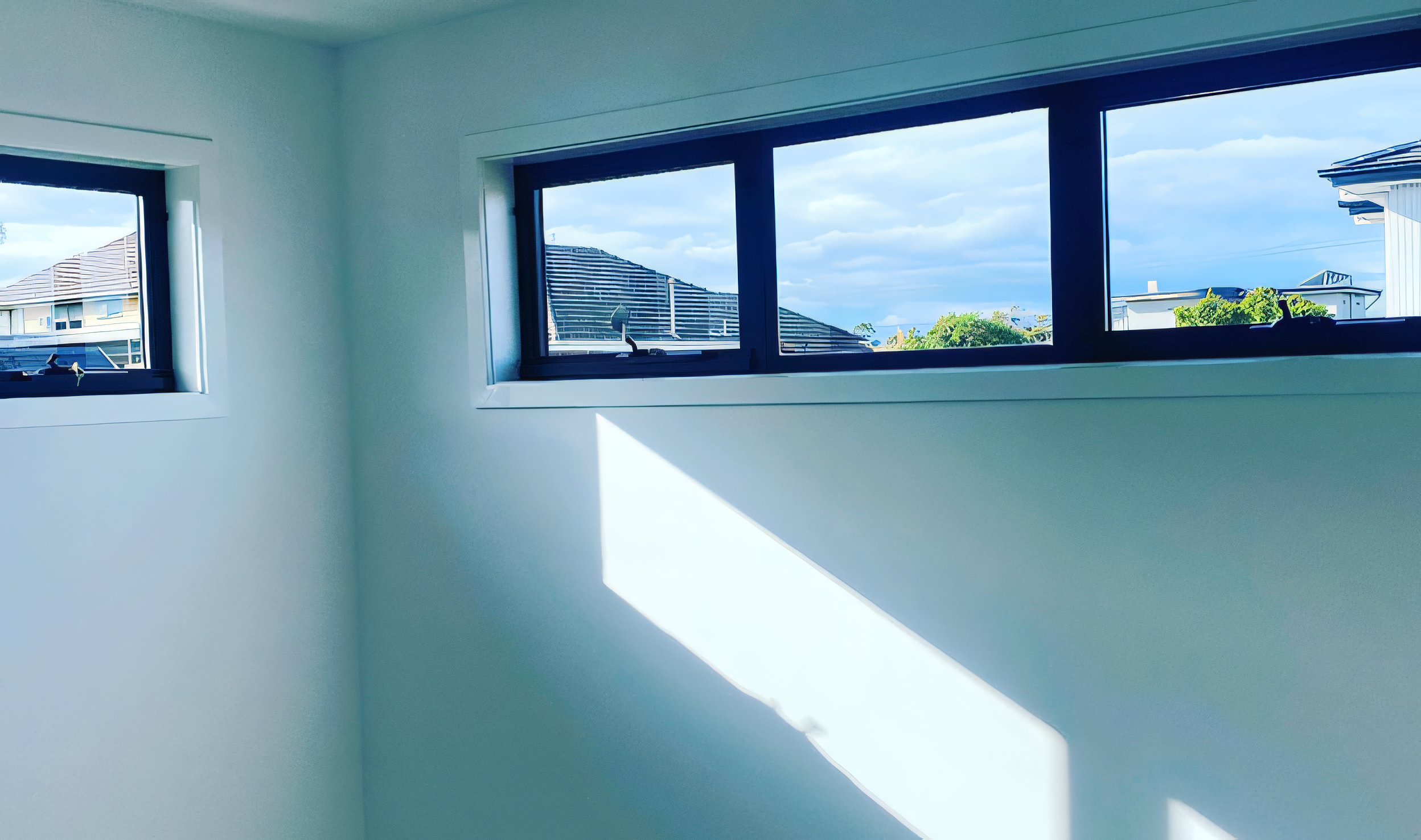 Sunlight streams through three narrow windows, casting shadows on a freshly painted white wall in an empty room.